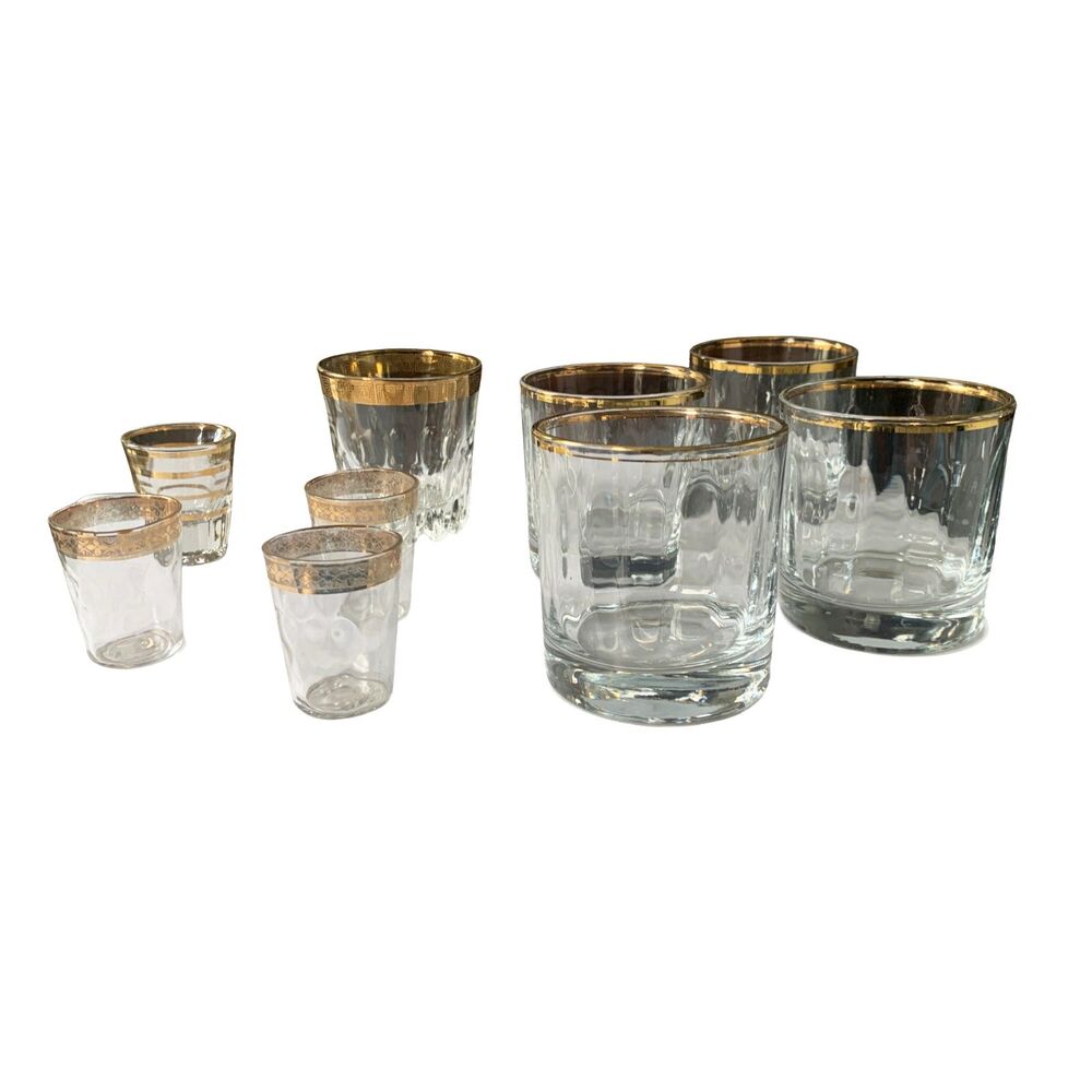 Vintage Mid-Century Modern Gold-Rimmed Barware Set - Mixed Lot of 9
